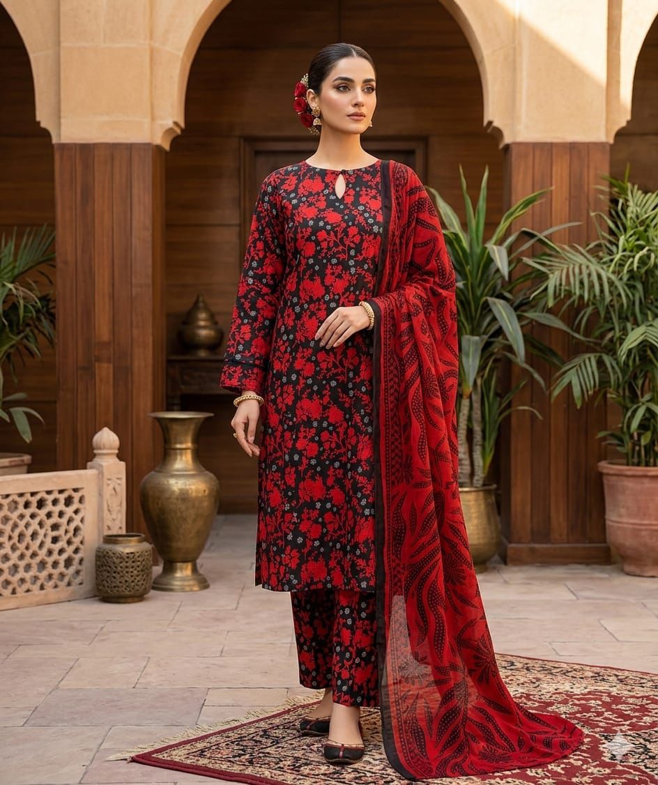 3-Piece Premium Lawn Suit with Chiffon Dupatta